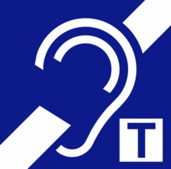 Imagen iconográfica de un oído en color azul con una banda transversal blanca y la letra T