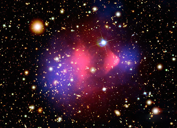 El cúmulo Bala consiste de dos cúmulos de galaxias en colisión. Los estudios hechos sobre este cúmulo, presentados en agosto de 2006, constituyen hasta ese momento la mejor evidencia en favor de la existencia de la materia oscura. Foto: NASA.
